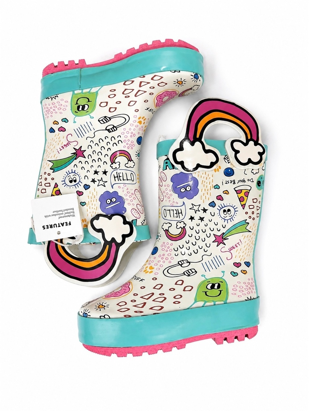 Girls Size 5 Rainbow Doodle Cartoon Rubber Rain Boots Wellies Waterproof
